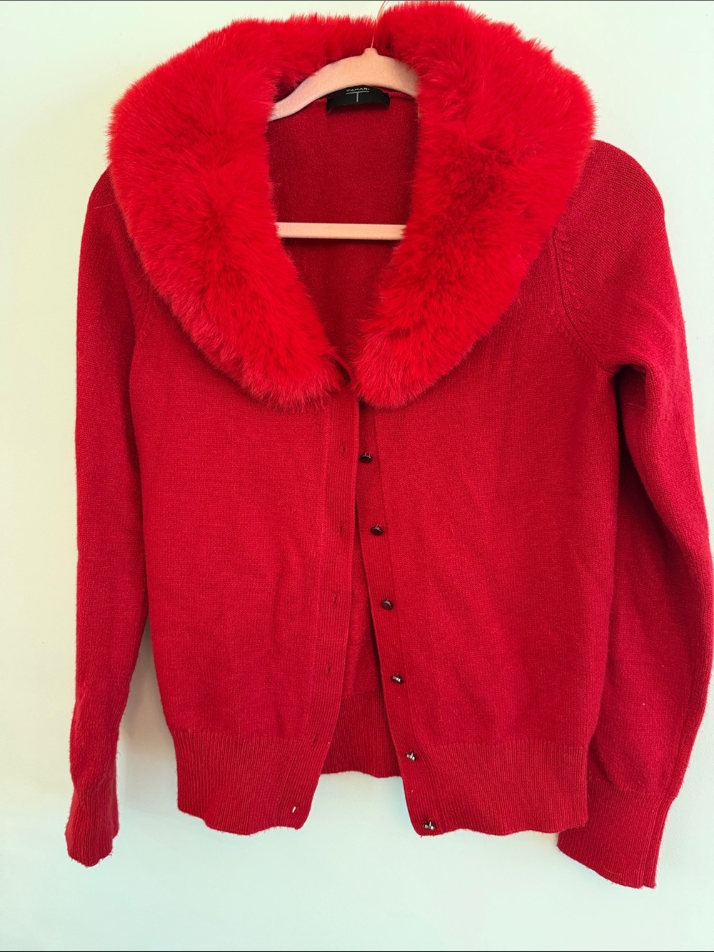Tahari Red Faux-Fur Collar Cardigan Sweater